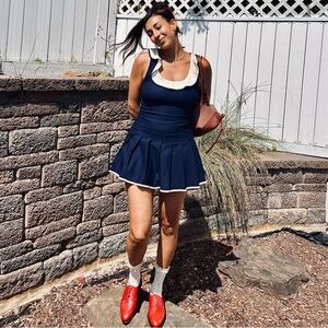 Motel ruffle edge denim mini dress in indigo blue